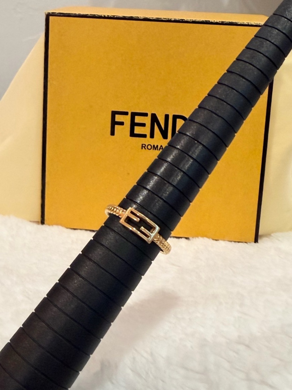 FENDI FF Baguette Gold Tone Ring | Size US 8